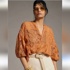 NWT Anthropologie The Odells Lace Patchwork Orange Blouse  - Size XS